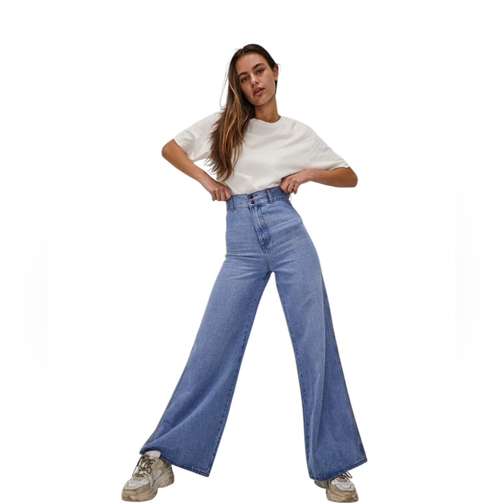Ghanda Women’s Wide Leg Flare Leg Bell Bottom Charlie Jeans in Boston Blue Boho - Picture 3 of 14